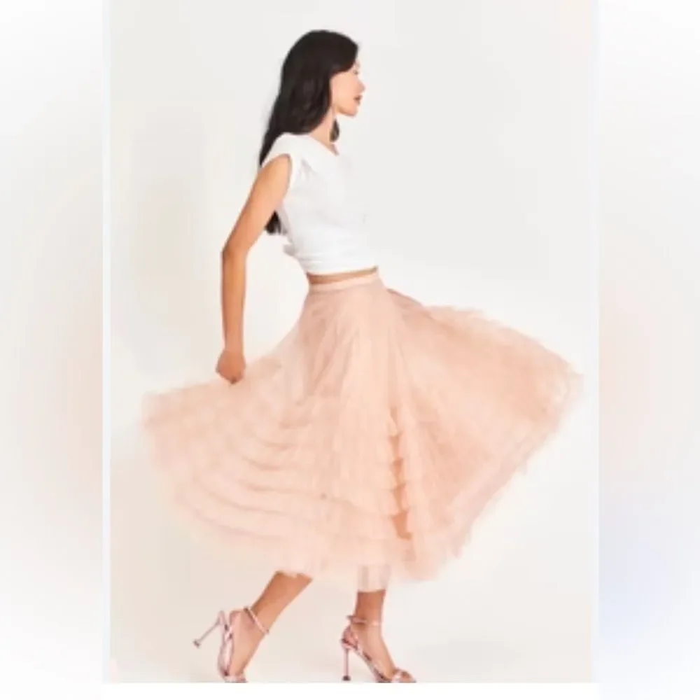 LoveShackFancy Lyric Tiered Tutu Tule Light Rose Skirt by Anthropologie Size 8
